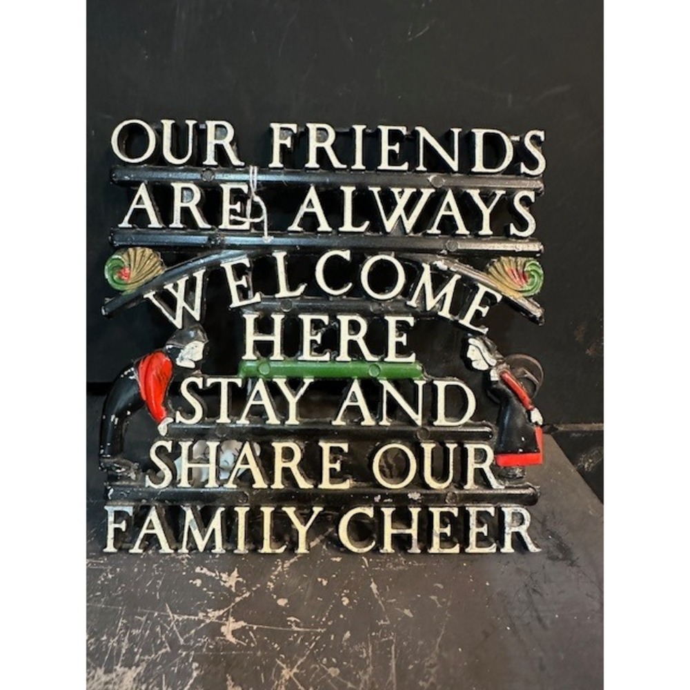 Vintage Cast Iron Our Friends Welcome Sign 1960s Japan Dutch Figures Wall Plaque